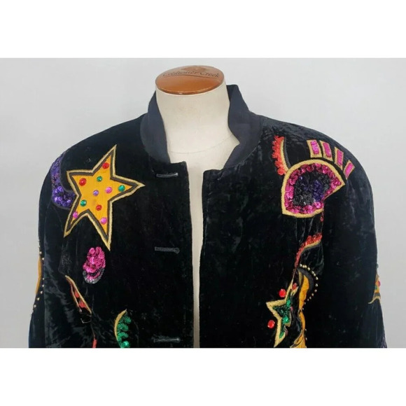 90's Escada Vintage Black Velvet Embellished Moon & Stars Bomber Jacket Size 36 - Picture 2 of 15